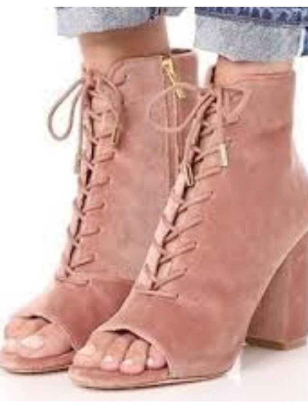 Lace-Up Peep Toe Block Velvet Heel Ankle Boots in Blush